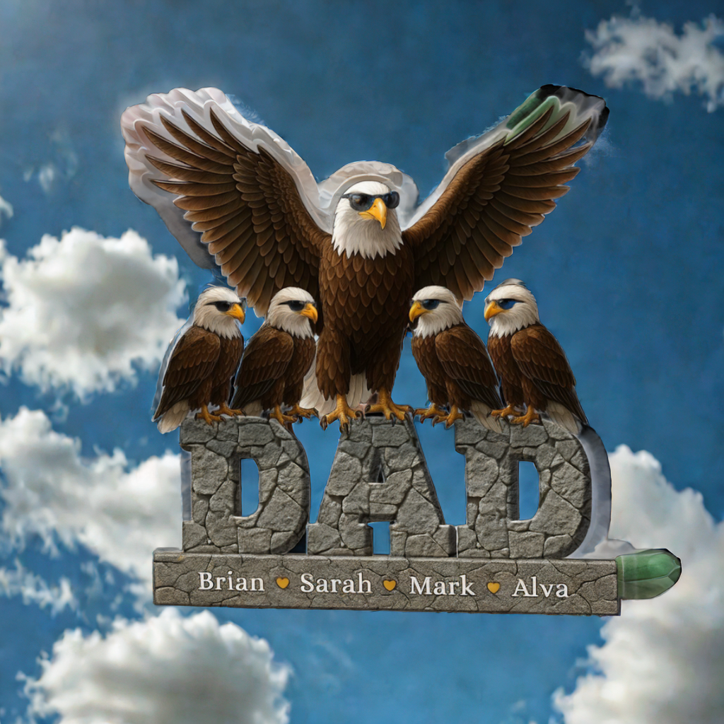 Eagle family figure with 'DAD' and names against a blue sky background