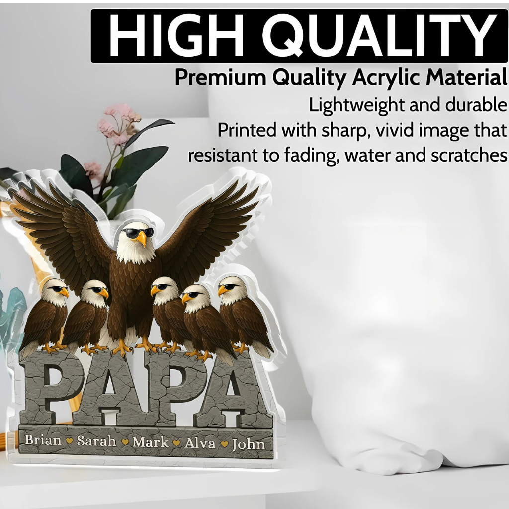 Eagle decorative item with 'PAPA' and names printed, on a white background