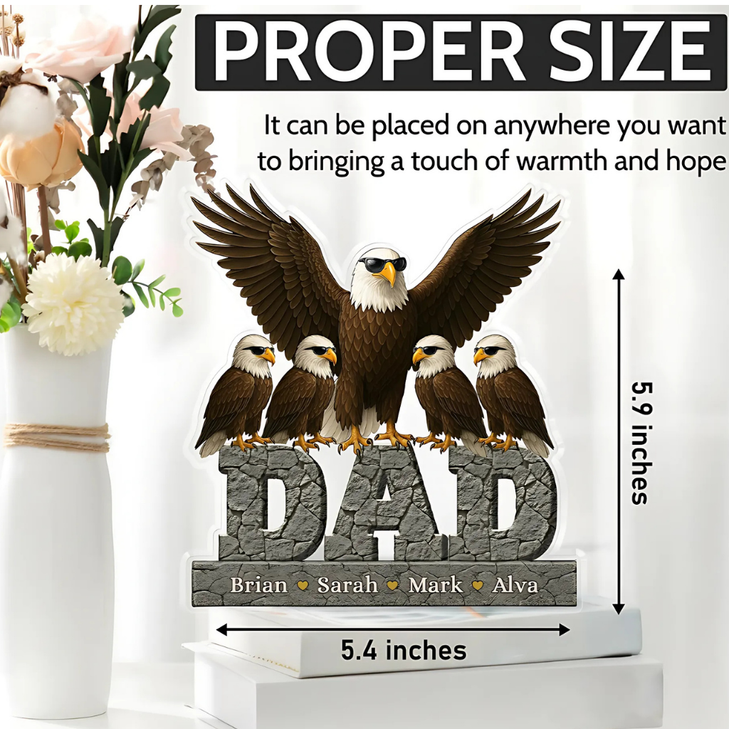 Eagle statue with 'DAD' and personalized names on a white background