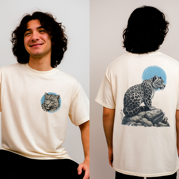 Cream-toned tee with realistic snow leopard artwork on both sides