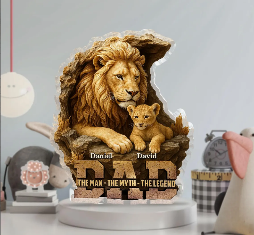 Custom Lion Dad Acrylic Plaque personalized with children’s names – Father's Day gift decor on clear puzzle-shaped acrylic.