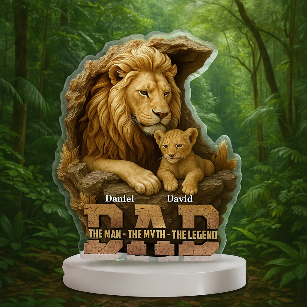 Custom Lion Dad Acrylic Plaque personalized with children’s names – Father's Day gift decor on clear puzzle-shaped acrylic.