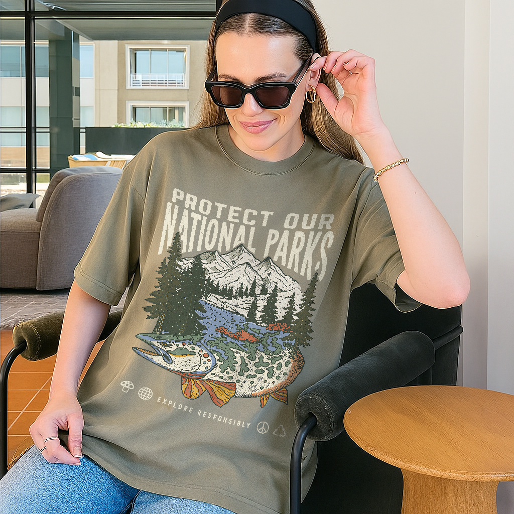 Woman wearing a t-shirt with a nature-themed design and text in an indoor setting.
