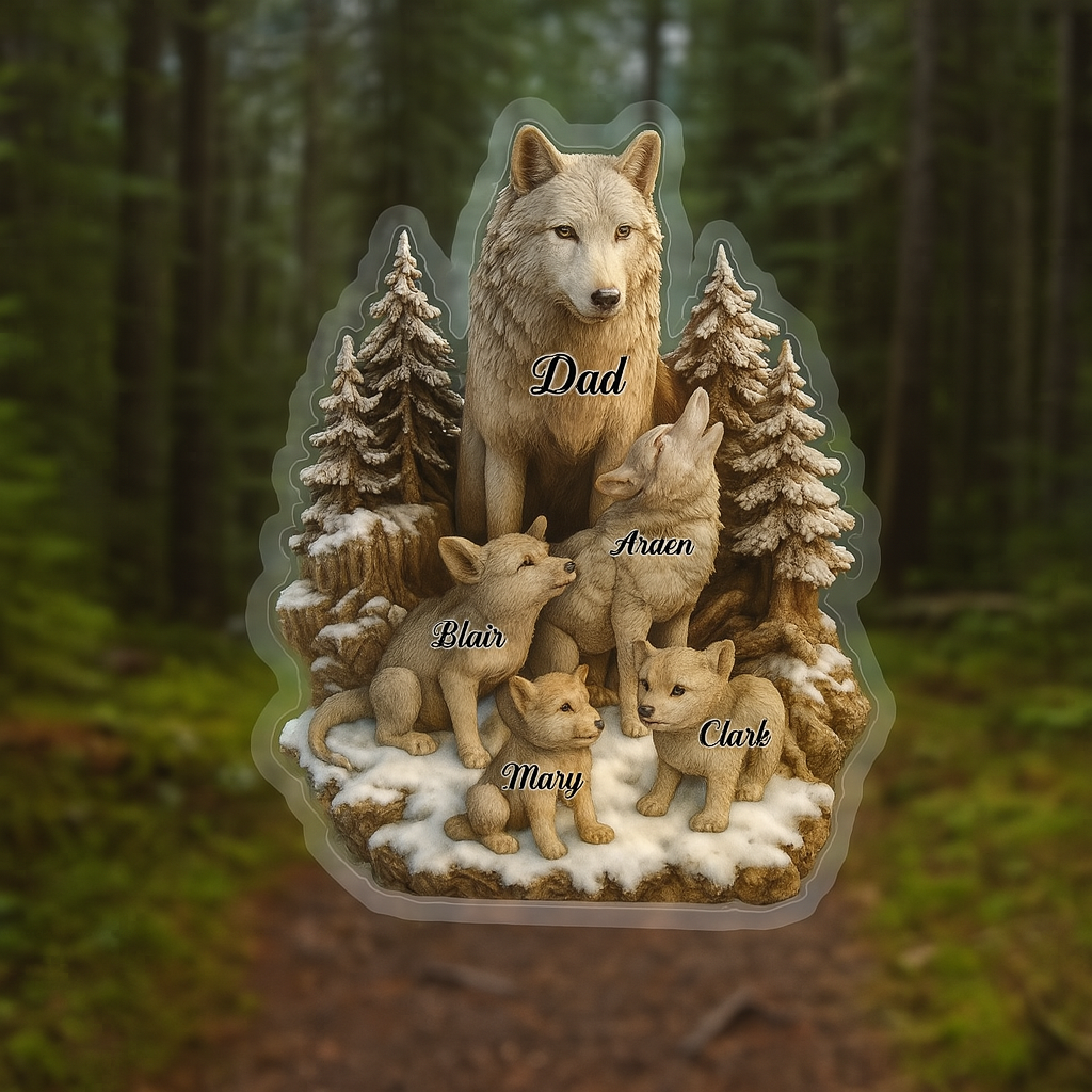Decorative plaque with a wolf and three cubs in a forest setting, labeled 'Dad' and names.