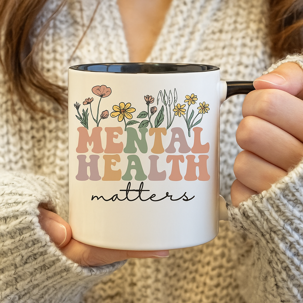 Person holding Mental Health Matters mug with black interior, wearing a warm knit sweater. Mental health gift scene.
