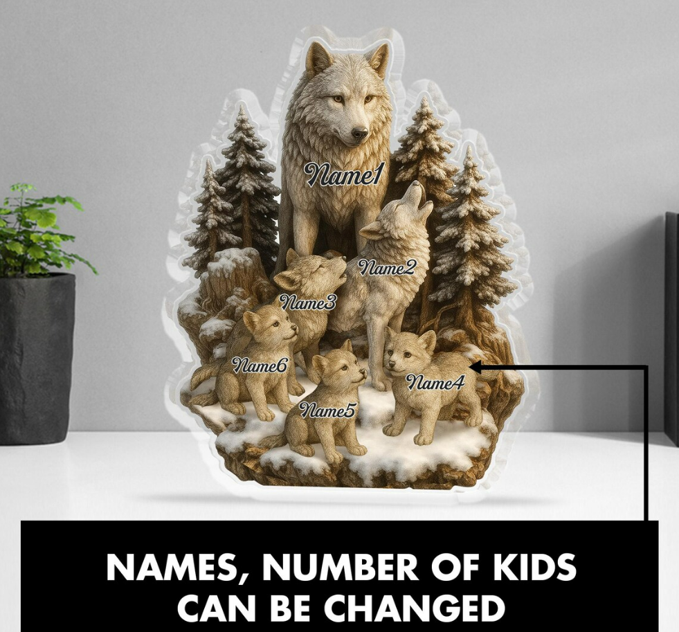 Decorative plaque with a wolf and three cubs in a forest setting, labeled 'Dad' and names.