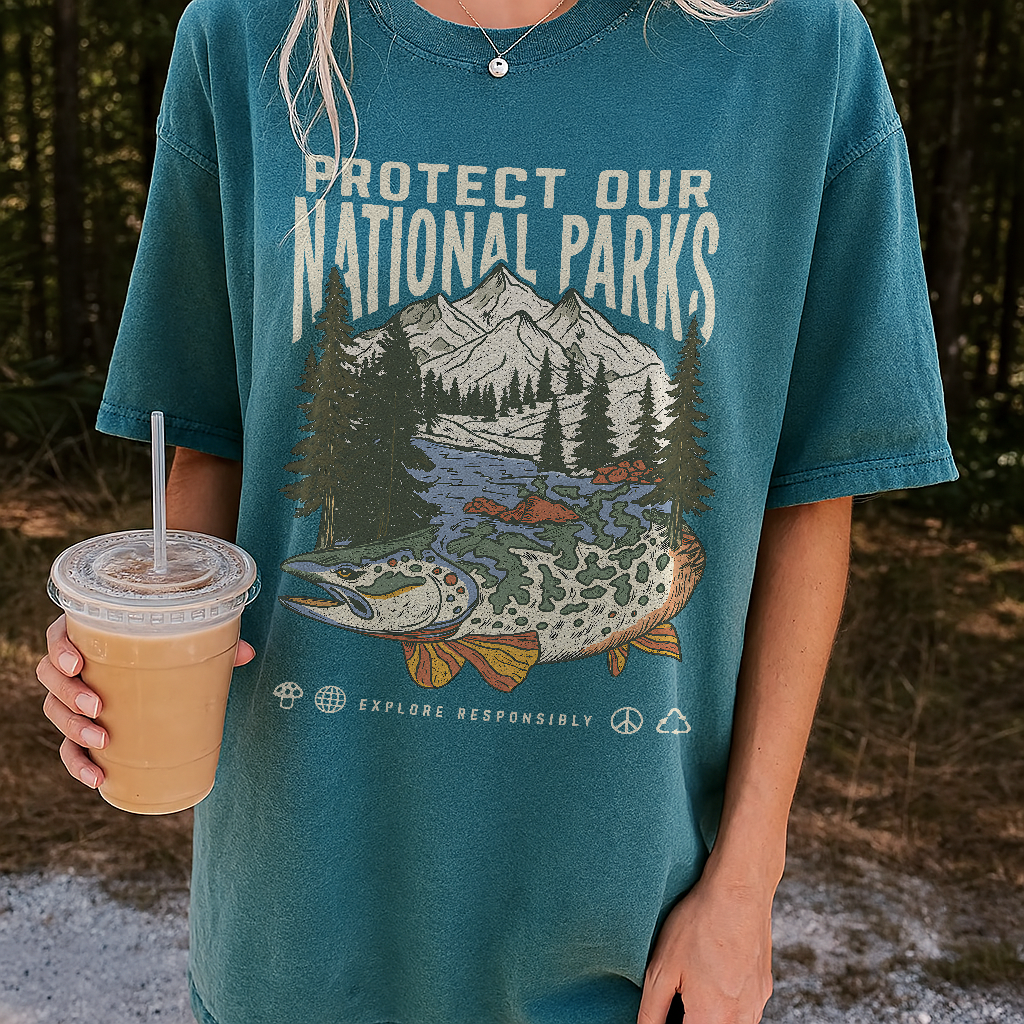 Person wearing a teal t-shirt with a nature-themed design and holding a drink.