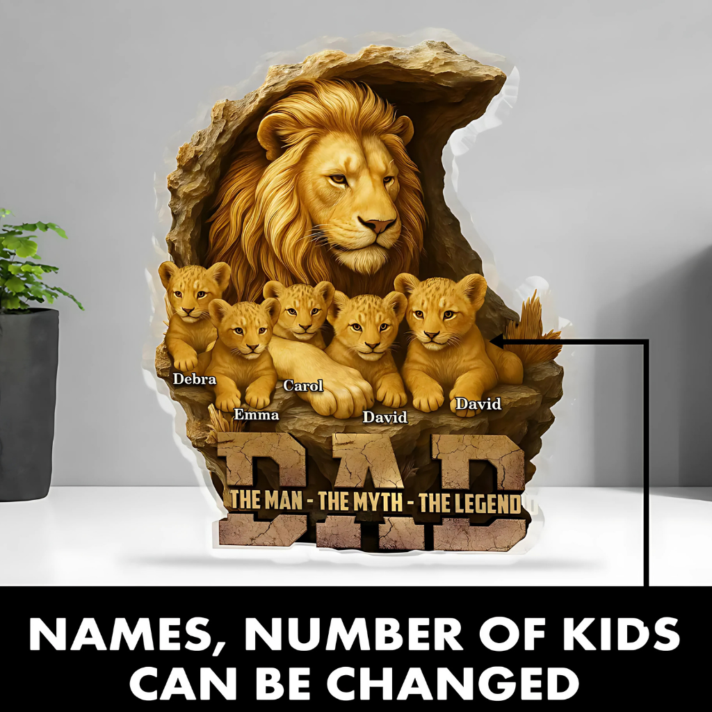 Personalized Lion Dad Acrylic Plaque with Kids' Names, Custom Father's Day Gift from Children, Dad Grandpa Husband Keepsake Decoration