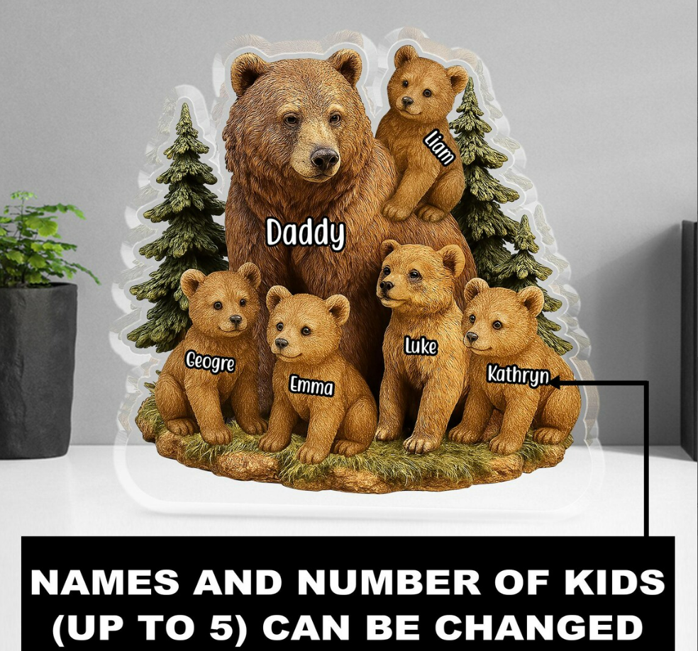 Custom Bear Dad Acrylic Plaque with kids’ names – the perfect Father’s Day gift for dads and grandpas. Personalized keepsake for home or office decor.