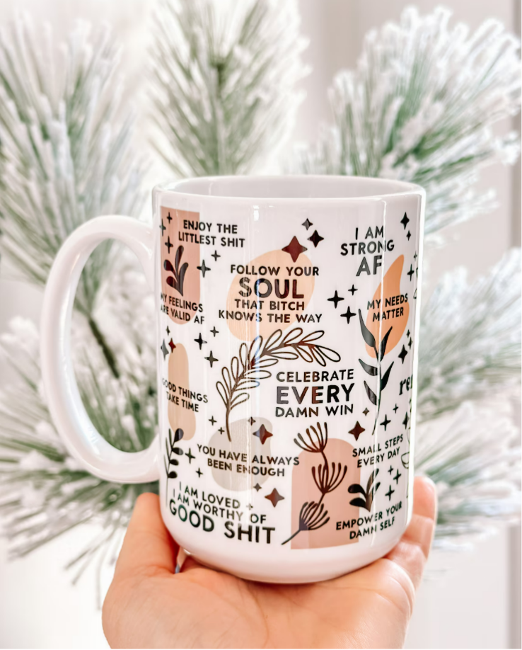 Daily Affirmation Mug 15oz – Mental Health Gift for Her, Motivational Ceramic Cup