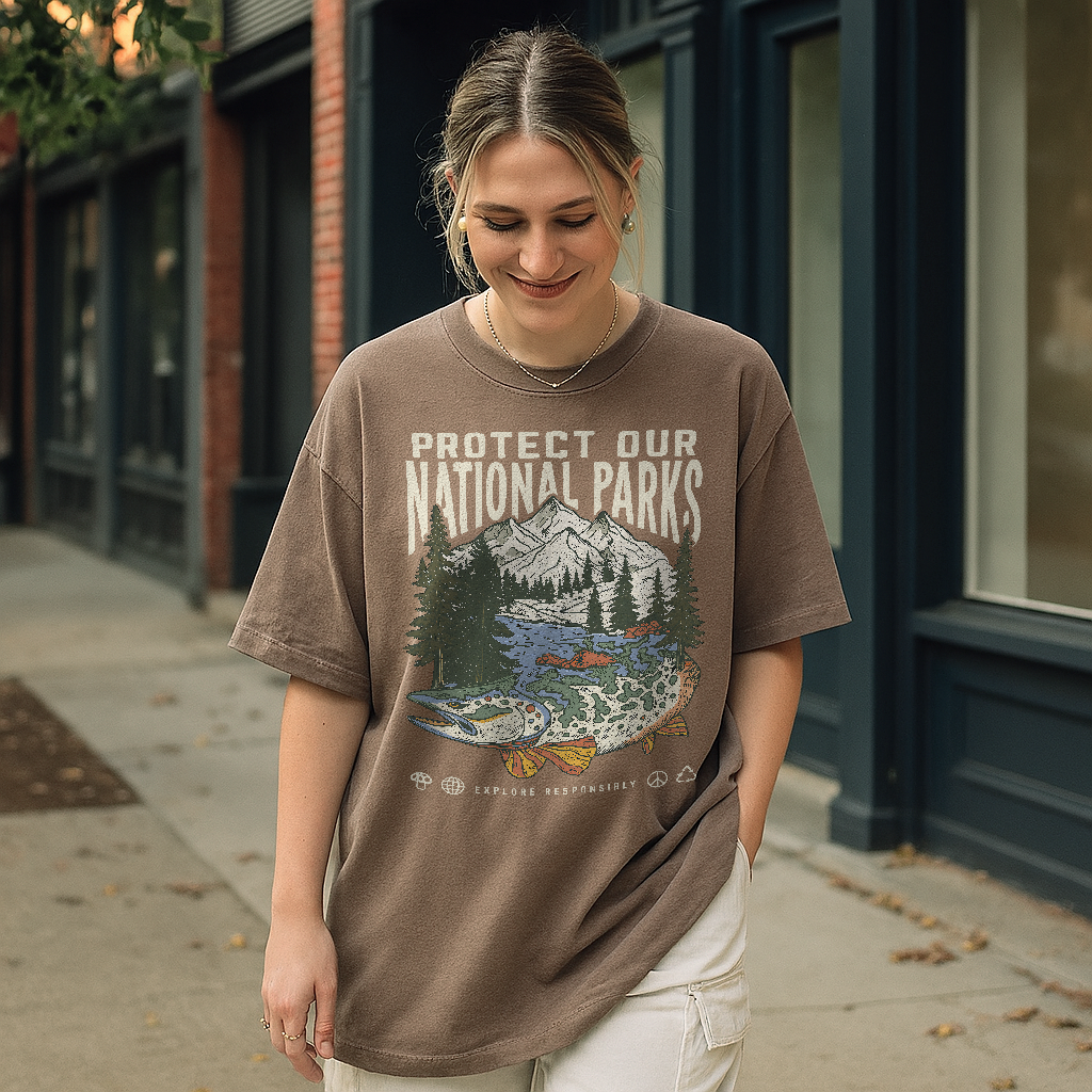Woman wearing a 'Protect Our National Parks' t-shirt on a sidewalk.