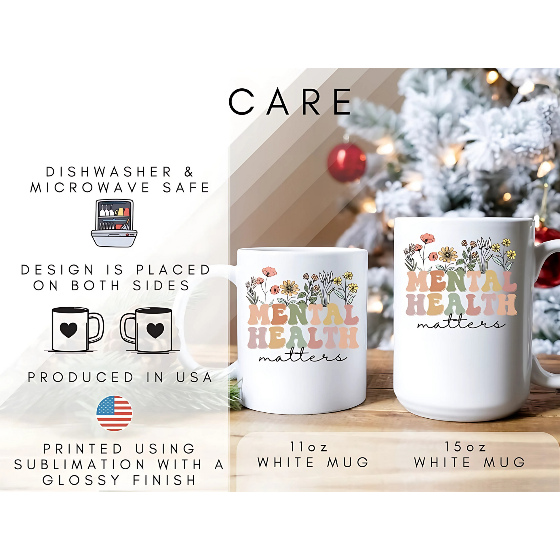 Two-tone mental health mugs with care info: microwave & dishwasher safe, printed in USA. Cozy holiday vibe.