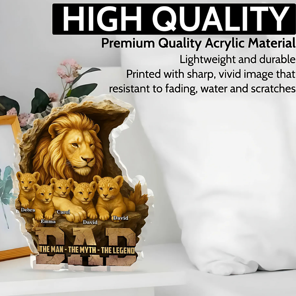 Personalized Lion Dad Acrylic Plaque with Kids' Names, Custom Father's Day Gift from Children, Dad Grandpa Husband Keepsake Decoration
