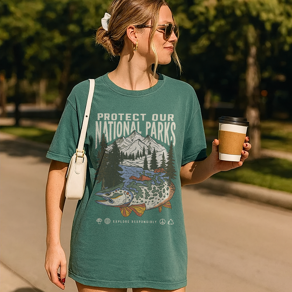 Woman wearing a 'Protect Our National Parks' t-shirt holding a coffee cup outdoors.