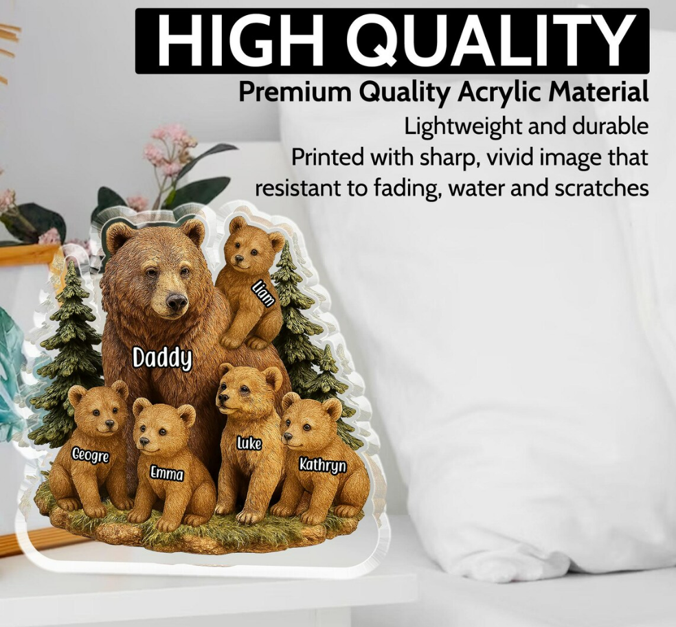 Custom Bear Dad Acrylic Plaque with Kids’ Names, Personalized Father’s Day Gift for Dad, Grandpa, or Husband, Unique Wildlife Decoration Keepsake