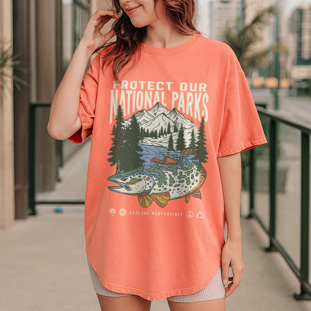 Woman wearing a 'Protect Our National Parks' t-shirt holding a coffee cup outdoors.
