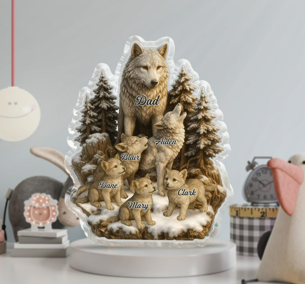 Custom Wolf Dad Acrylic Plaque with Kids’ Names, Personalized Father’s Day Gift for Dad, Grandpa, or Papa, Unique Forest Wolf Family Decoration
