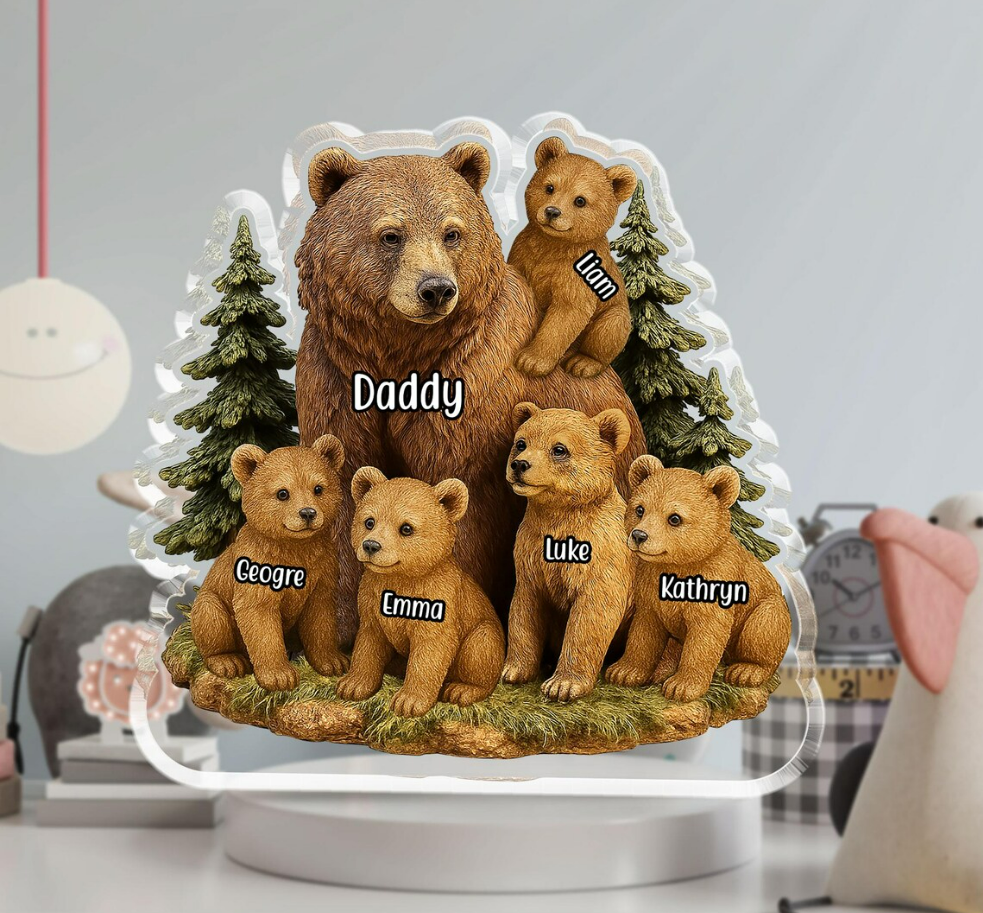 Custom Bear Dad Acrylic Plaque with Kids’ Names, Personalized Father’s Day Gift for Dad, Grandpa, or Husband, Unique Wildlife Decoration Keepsake
