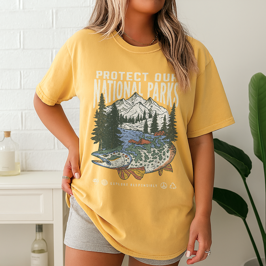 Person wearing a yellow t-shirt with a nature graphic and text.