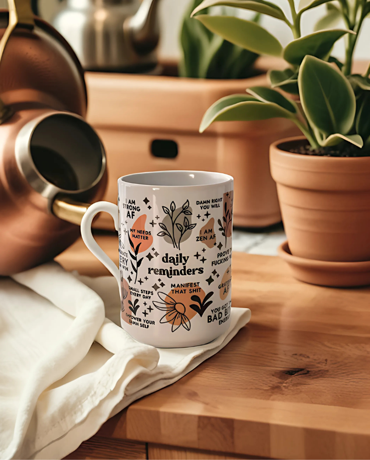 Daily Affirmation Mug 15oz – Mental Health Gift for Her, Motivational Ceramic Cup