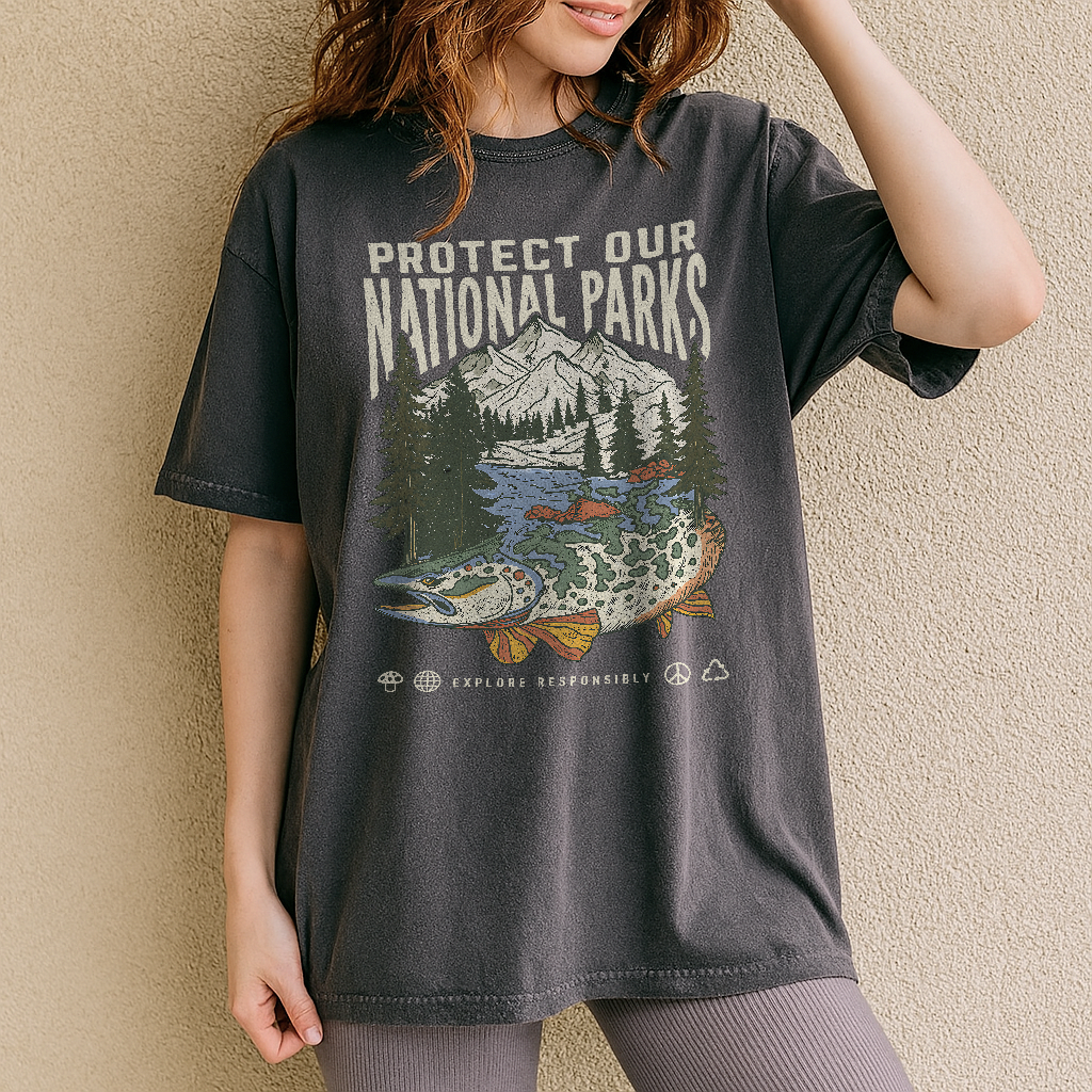 Person wearing a t-shirt with a nature graphic and text 'Protect Our National Parks' against a beige wall.
