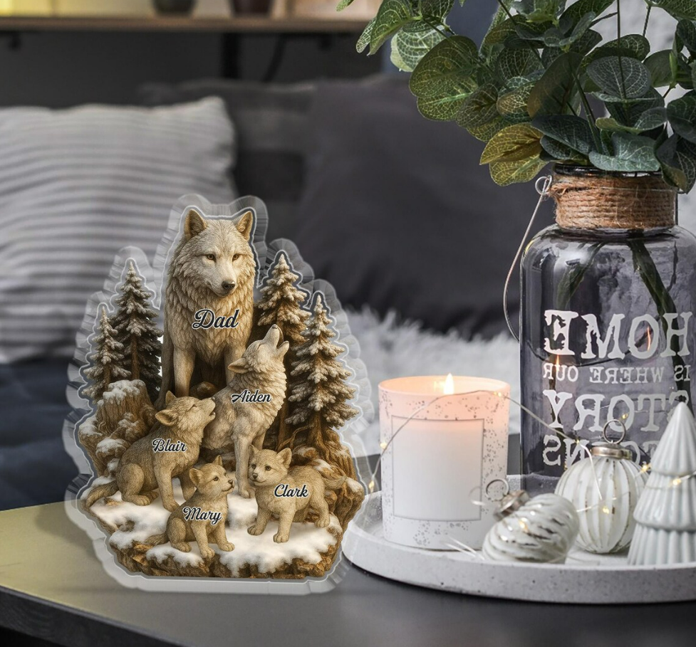 Custom Wolf Dad Acrylic Plaque with Kids’ Names, Personalized Father’s Day Gift for Dad, Grandpa, or Papa, Unique Forest Wolf Family Decoration