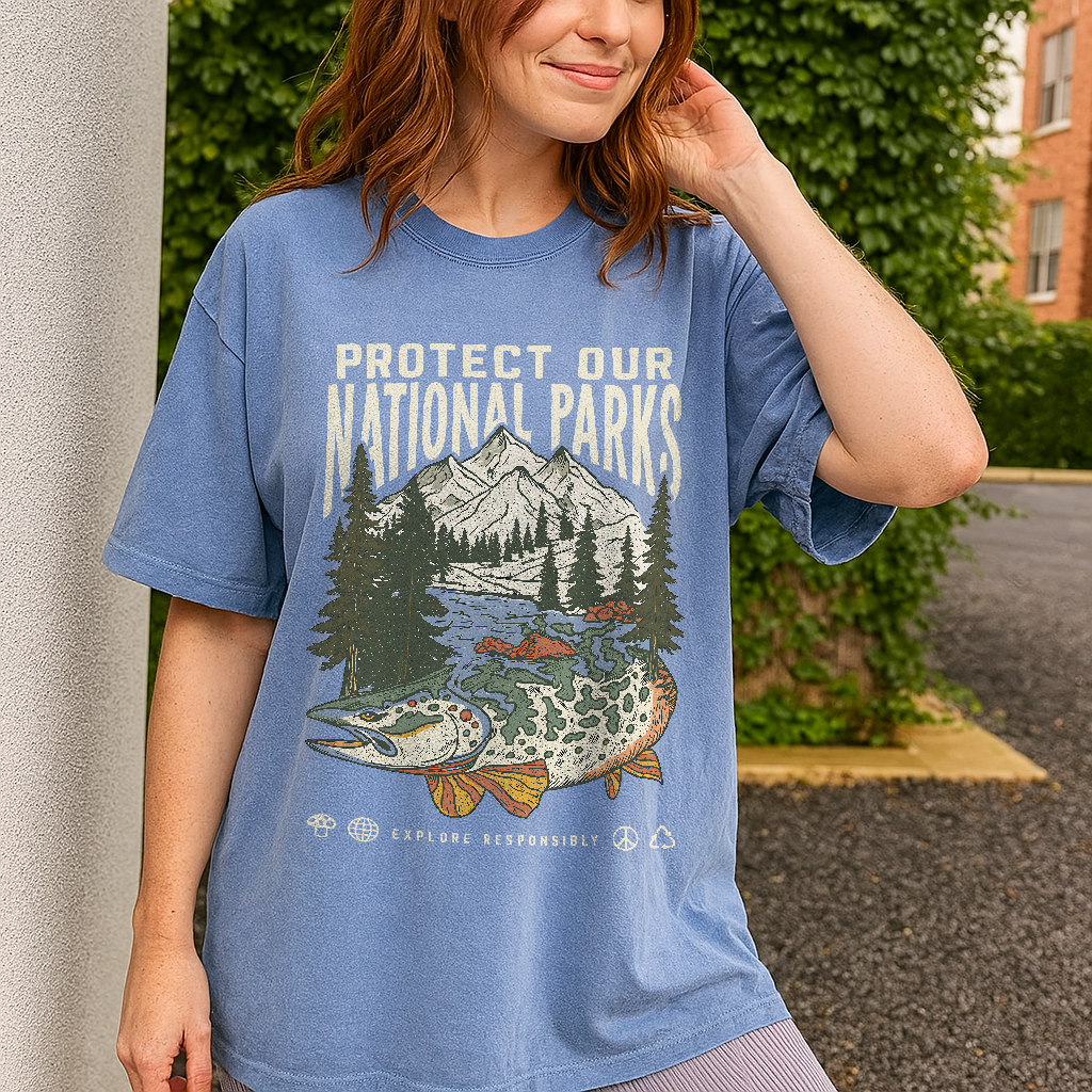 Person wearing a blue t-shirt with a nature graphic and text outdoors.