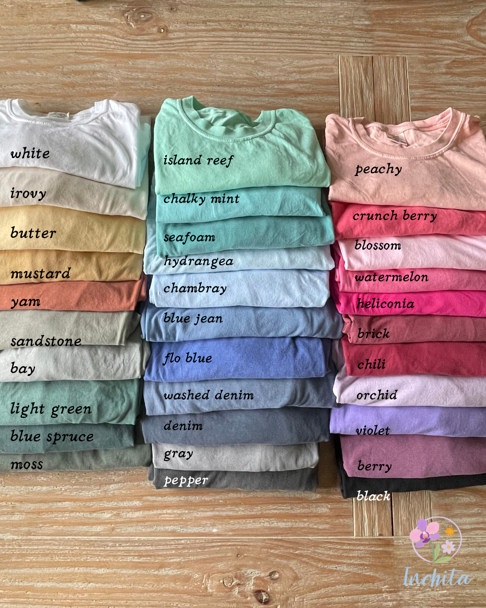 Comfort Colors 1717 shirt color chart displaying all available garment-dyed color options for t-shirt selection