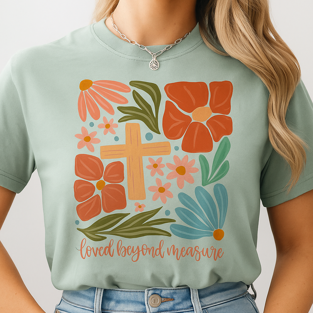 Christian Comfort Colors® Bay green tee with floral cross graphic and Bible verse quote