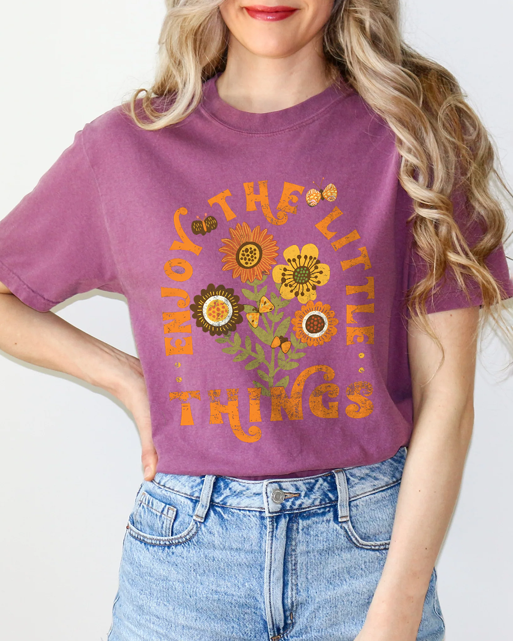 Ivory Comfort Colors 1717 shirt with positive “Enjoy The Little Things” message and floral artwork