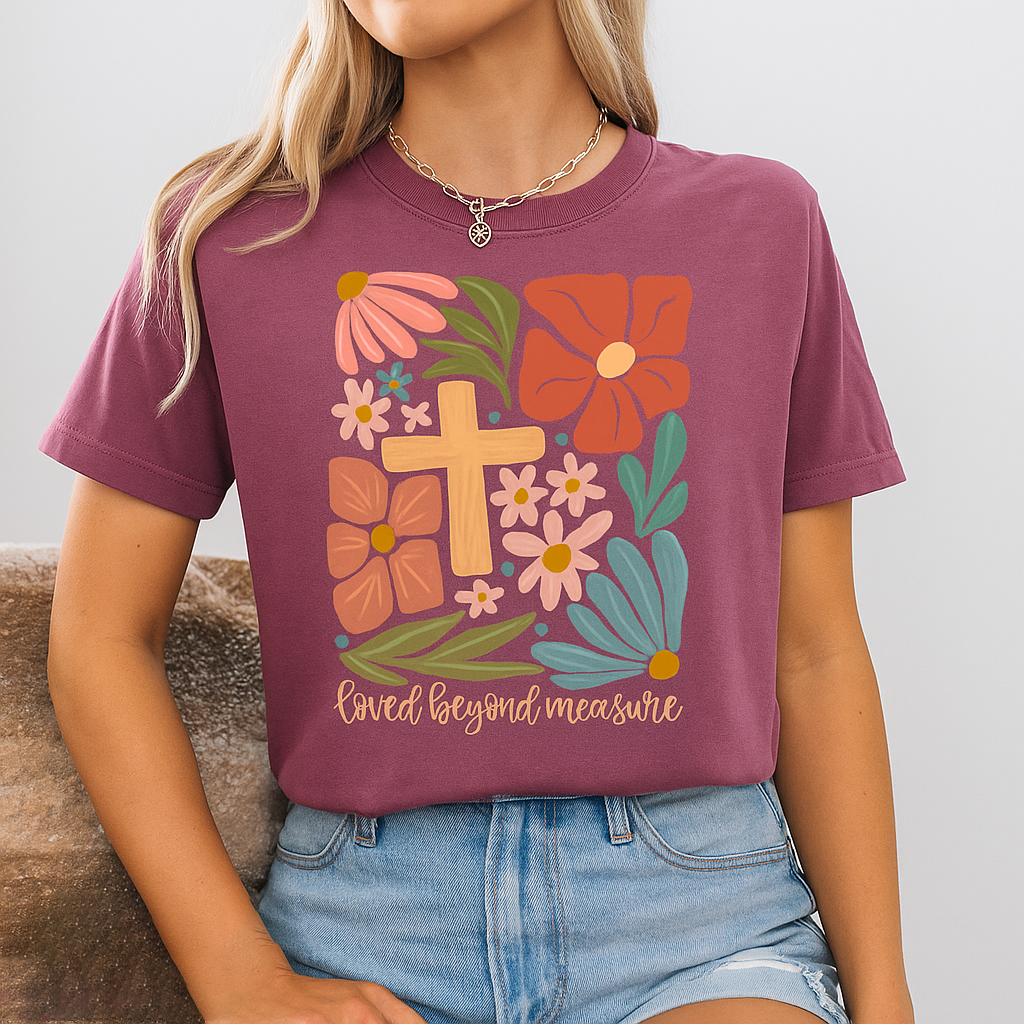 Faith-based Berry red Comfort Colors® shirt with flowers and cross graphic