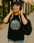 Black Comfort Colors tee with calming “just breathe” design featuring pastel dandelion art.