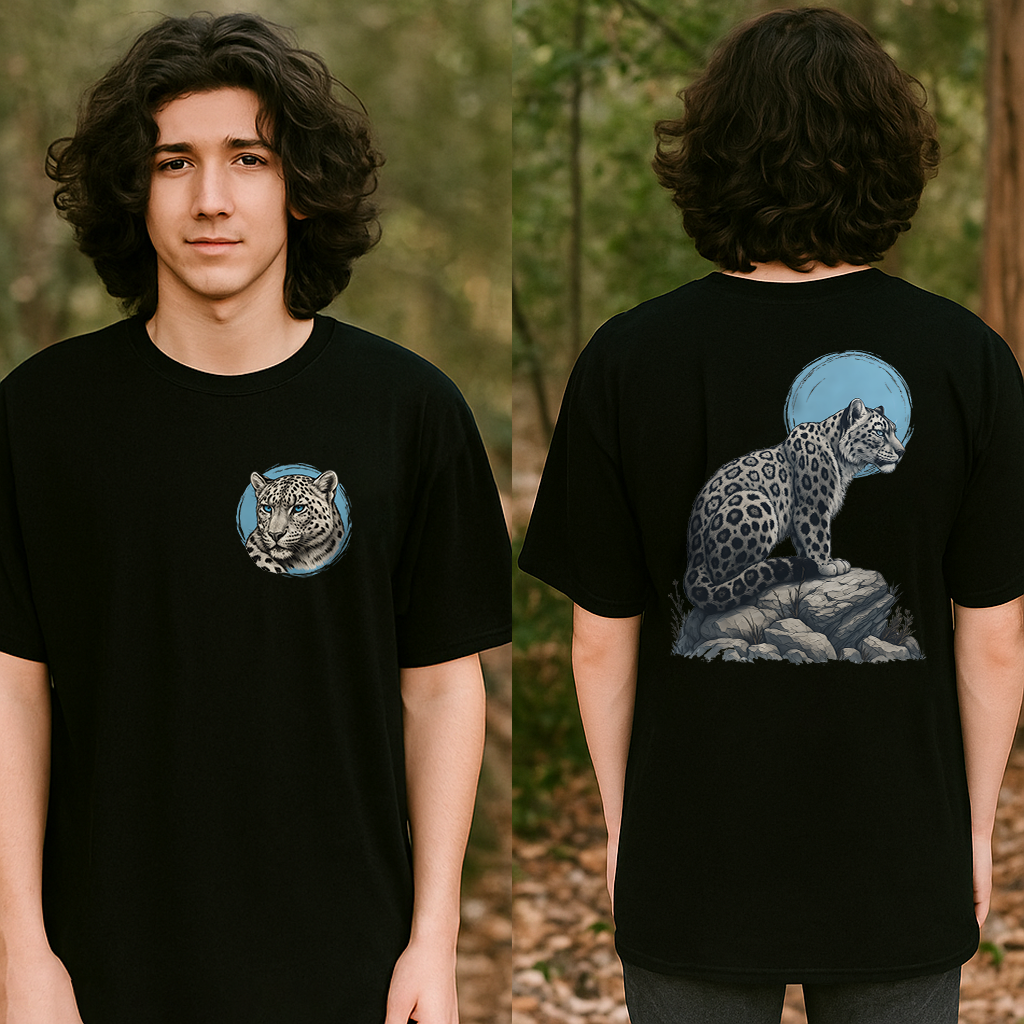 Snow Leopard graphic tee in black with front chest and back moon scene print