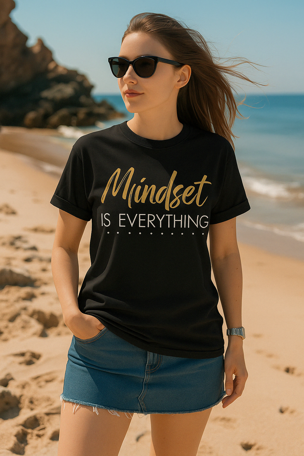 Black Comfort Colors tee with bold “Mindset Is Everything” lettering. Worn by woman walking on beach in sunny weather.