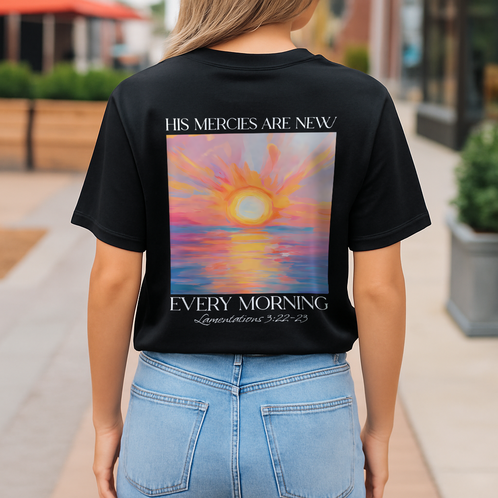 Bible Verse T-Shirt with sunrise cross design, front and back