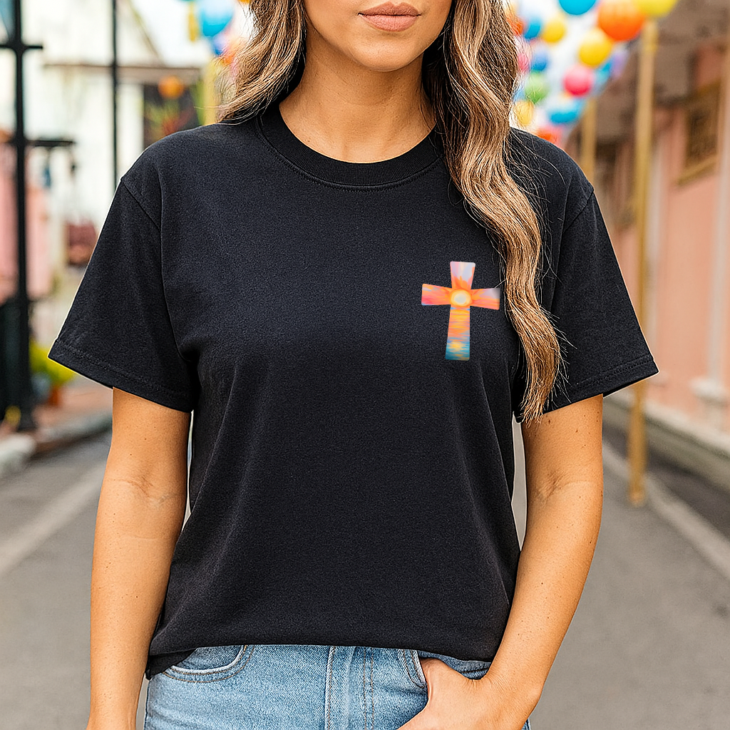 Bible Verse T-Shirt with sunrise cross design, front and back