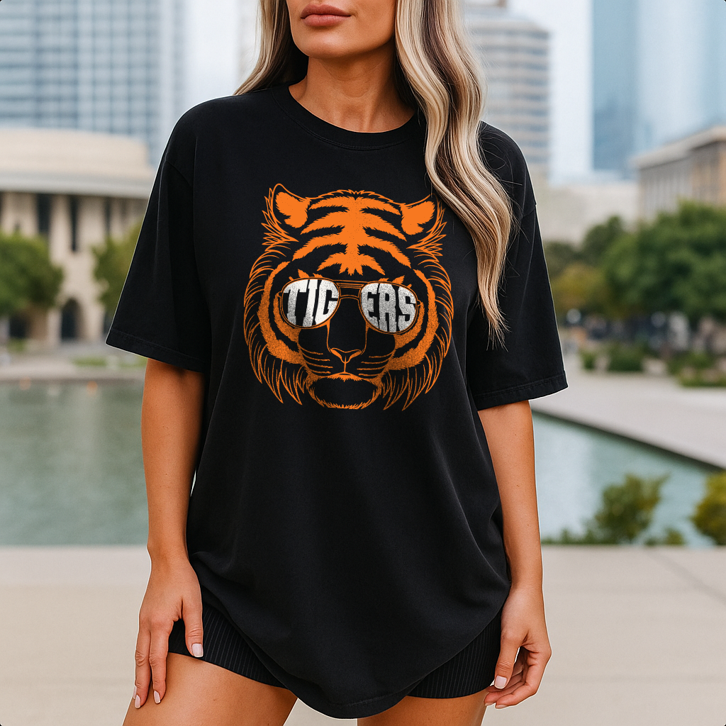 Retro Tigers shirt in Black with orange tiger face and sunglasses, perfect for game day.