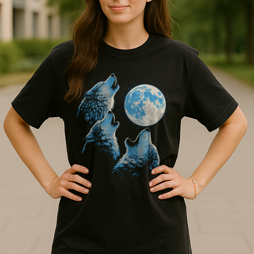 Black Comfort Colors tee with vintage-style three wolves howling at the moon graphic