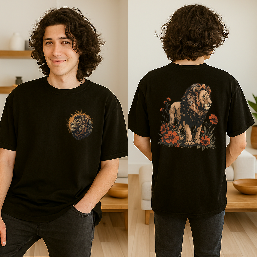 Bold vintage lion floral design shirt on classic black tee