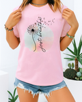 Blossom pink Comfort Colors shirt with anxiety relief message “just breathe” and floral illustration.
