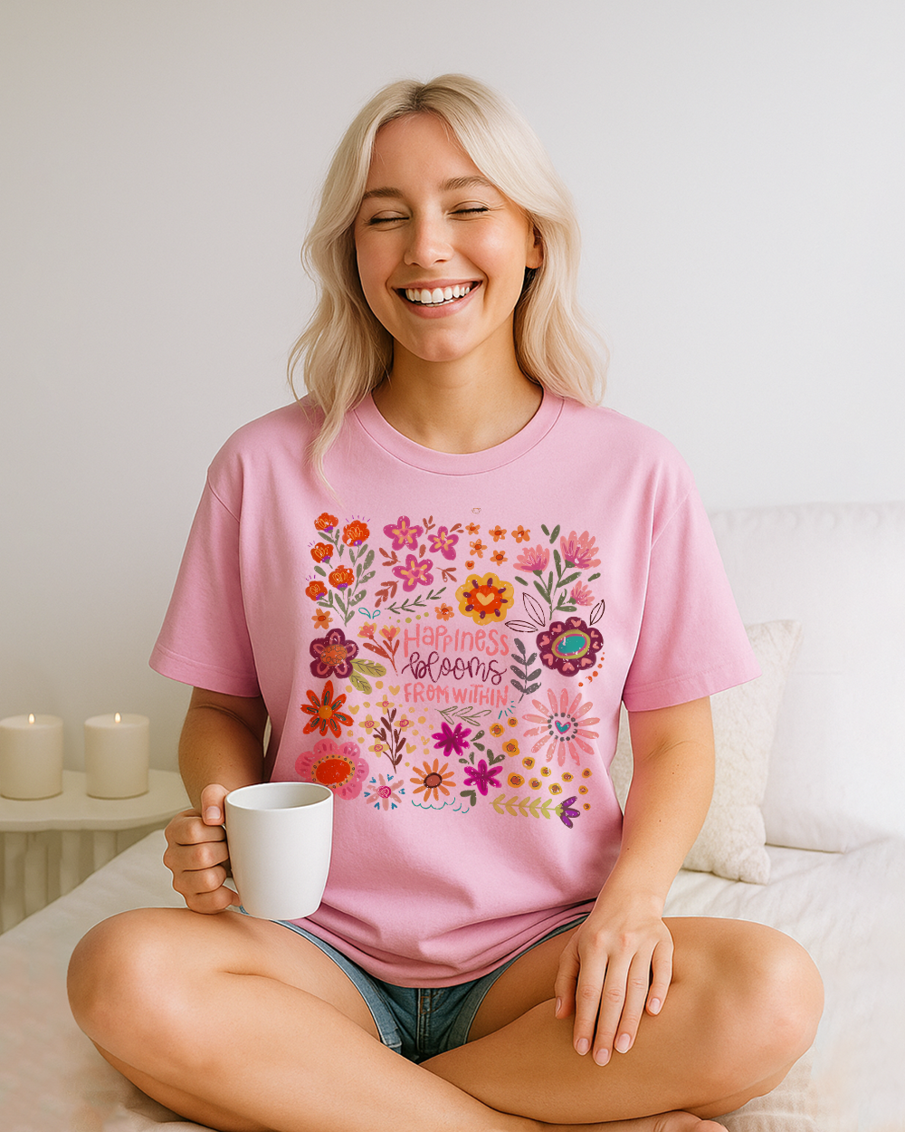 Woman in pastel pink shirt smiling with coffee; features “Happiness Blooms From Within” floral artwork.