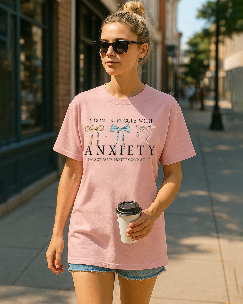 Blossom Comfort Colors 1717 shirt with pastel bows and “I Don’t Struggle With Anxiety” funny mental health quote