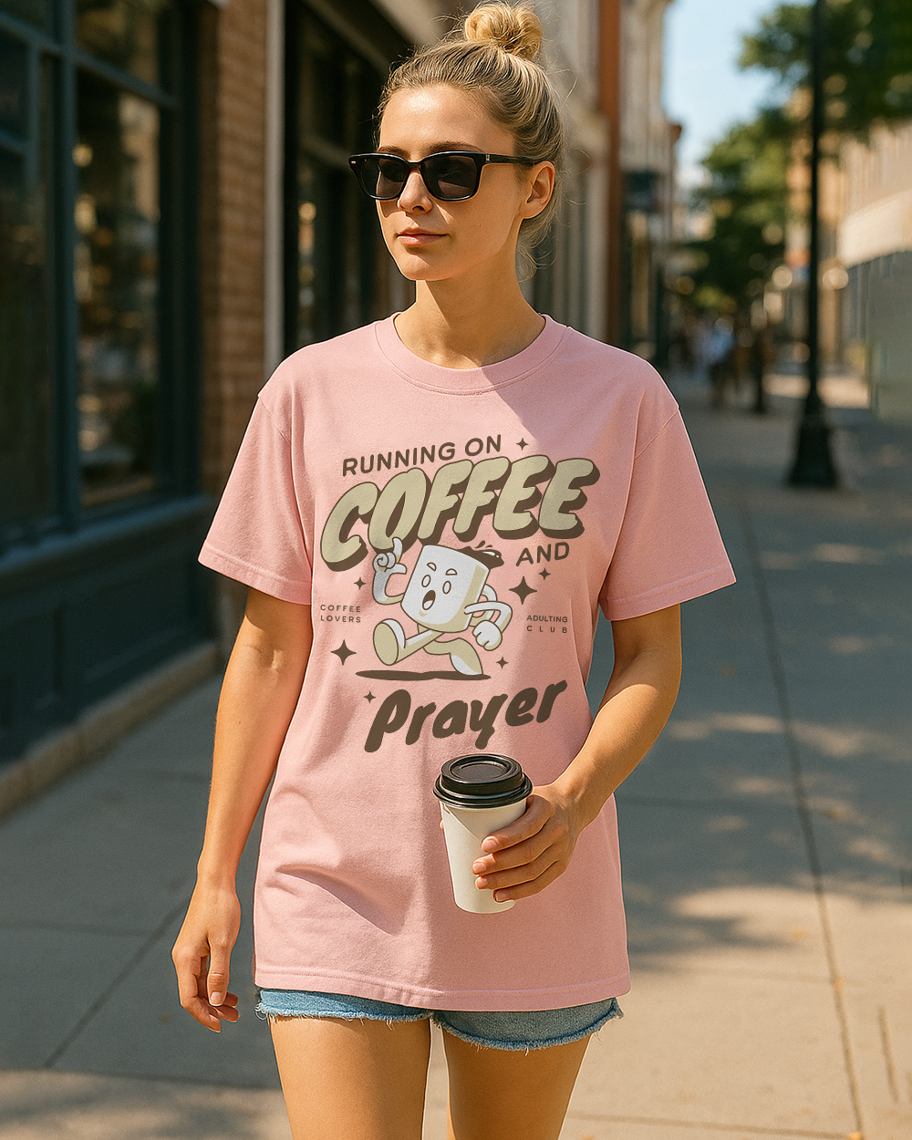  Blossom Comfort Colors 1717 shirt with “Running on Coffee and Prayer” quote and coffee cup graphic