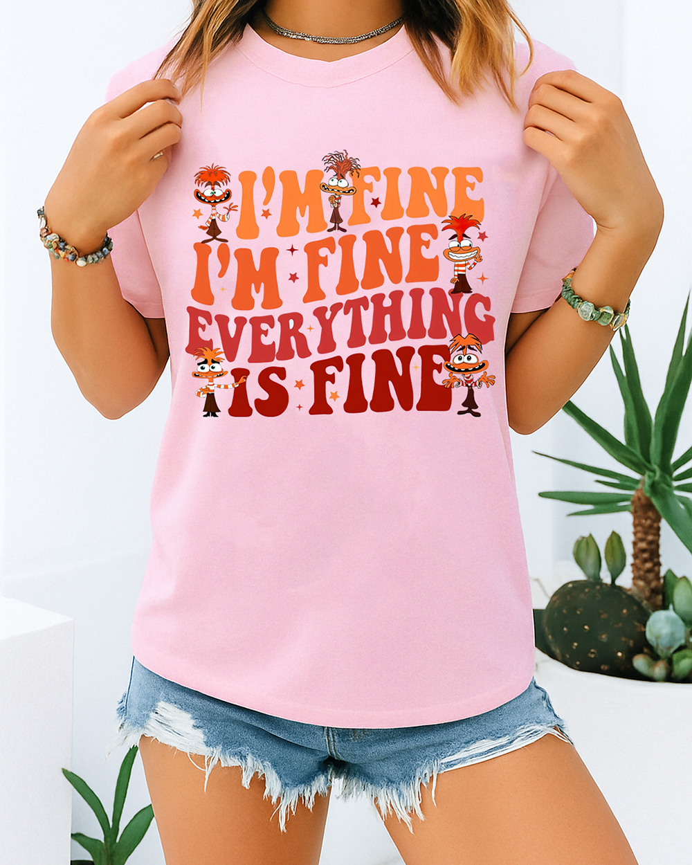 Blossom Comfort Colors 1717 shirt with “I’m Fine Everything Is Fine” retro anxiety quote and cartoon characters