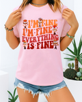 Blossom Comfort Colors 1717 shirt with “I’m Fine Everything Is Fine” retro anxiety quote and cartoon characters