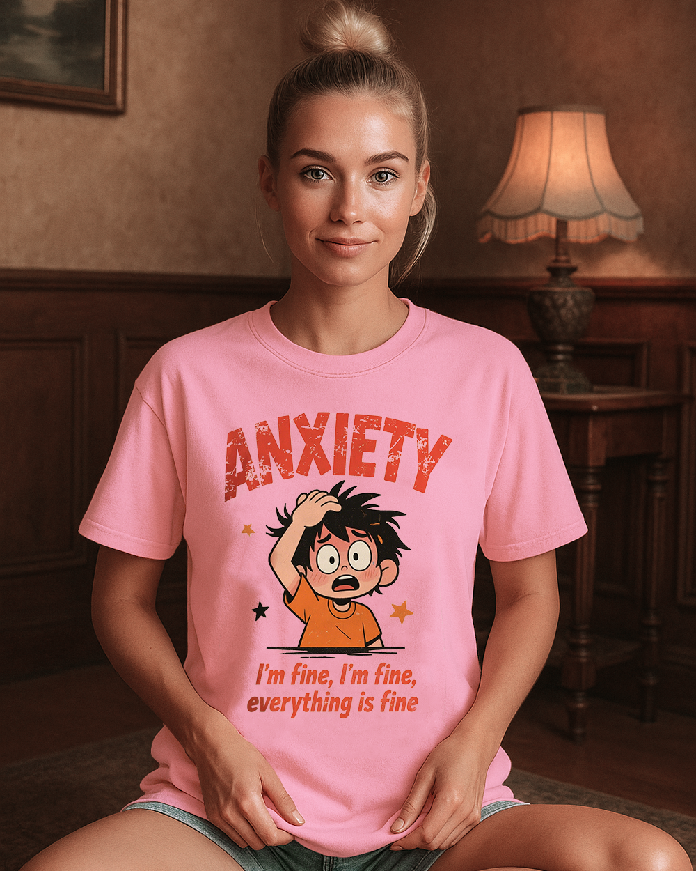 Ivory Comfort Colors 1717 shirt with big-eyed cartoon and “Everything Is Fine” saying