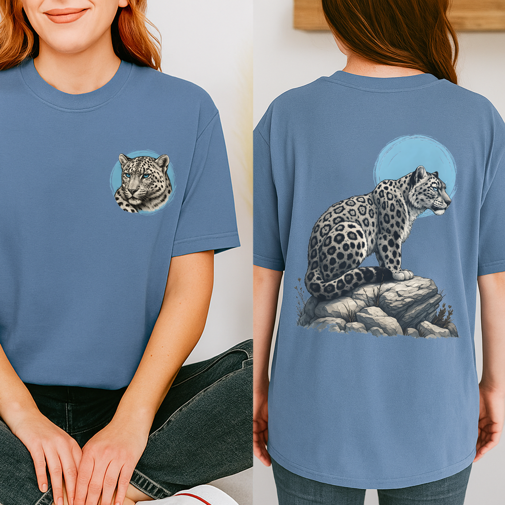 Vintage blue tee with snow leopard front-and-back design
