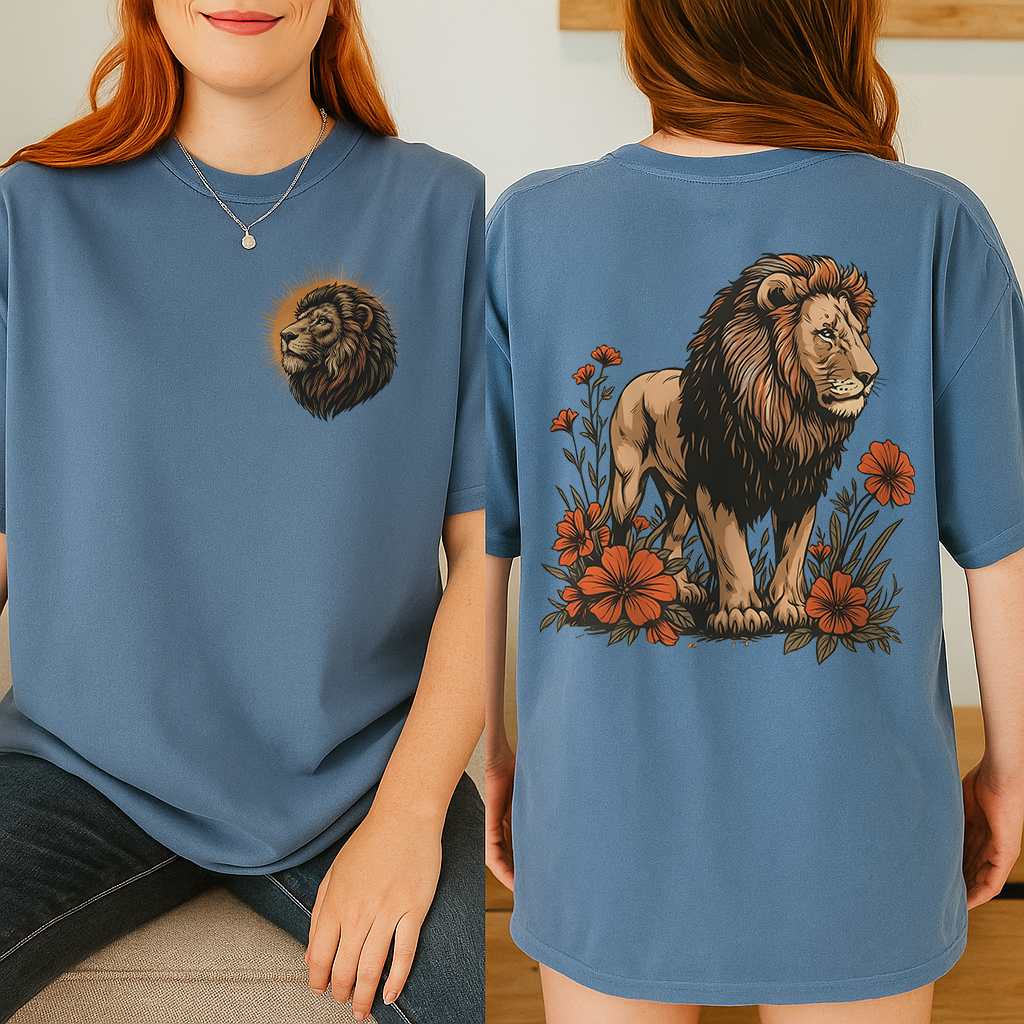 Bold vintage lion floral design shirt on classic black tee