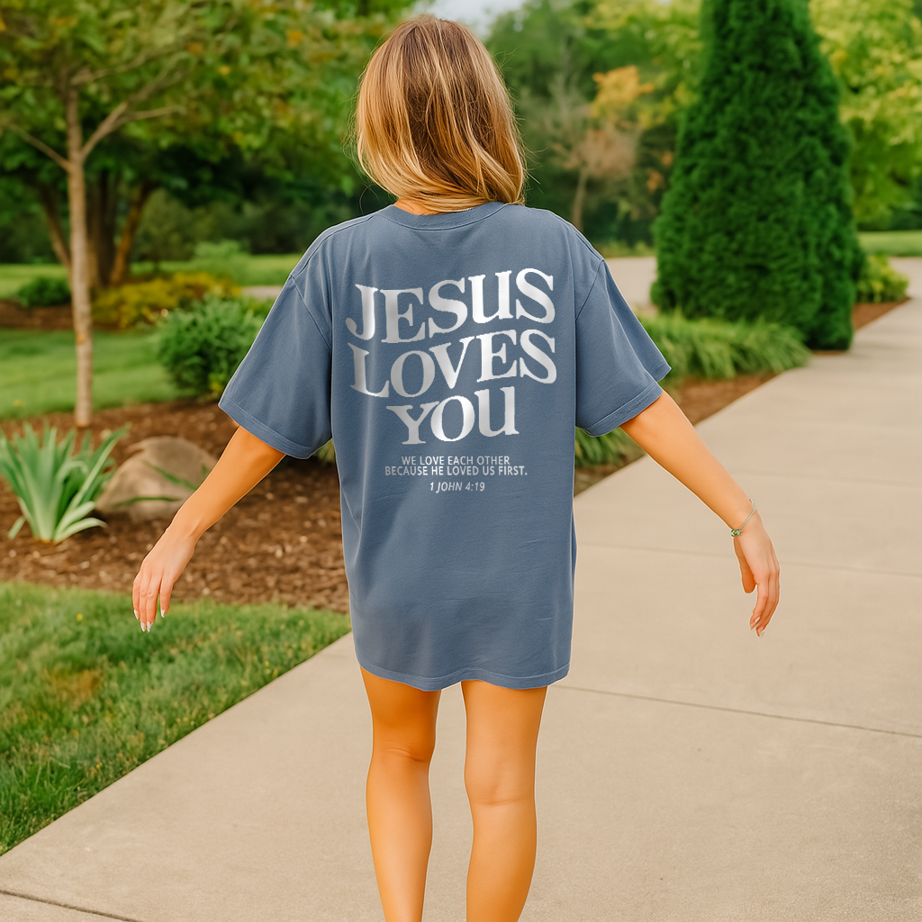 Jesus Loves You Comfort Colors Shirt in Blue Jean – Bible verse Christian T-shirt