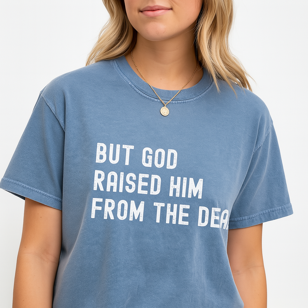 Blue Jean Christian tee with Acts 13:30 text for believers